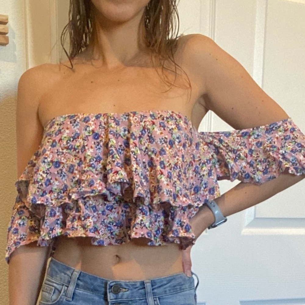 Urban Outfitters ruffle floral off the shoulder crop top